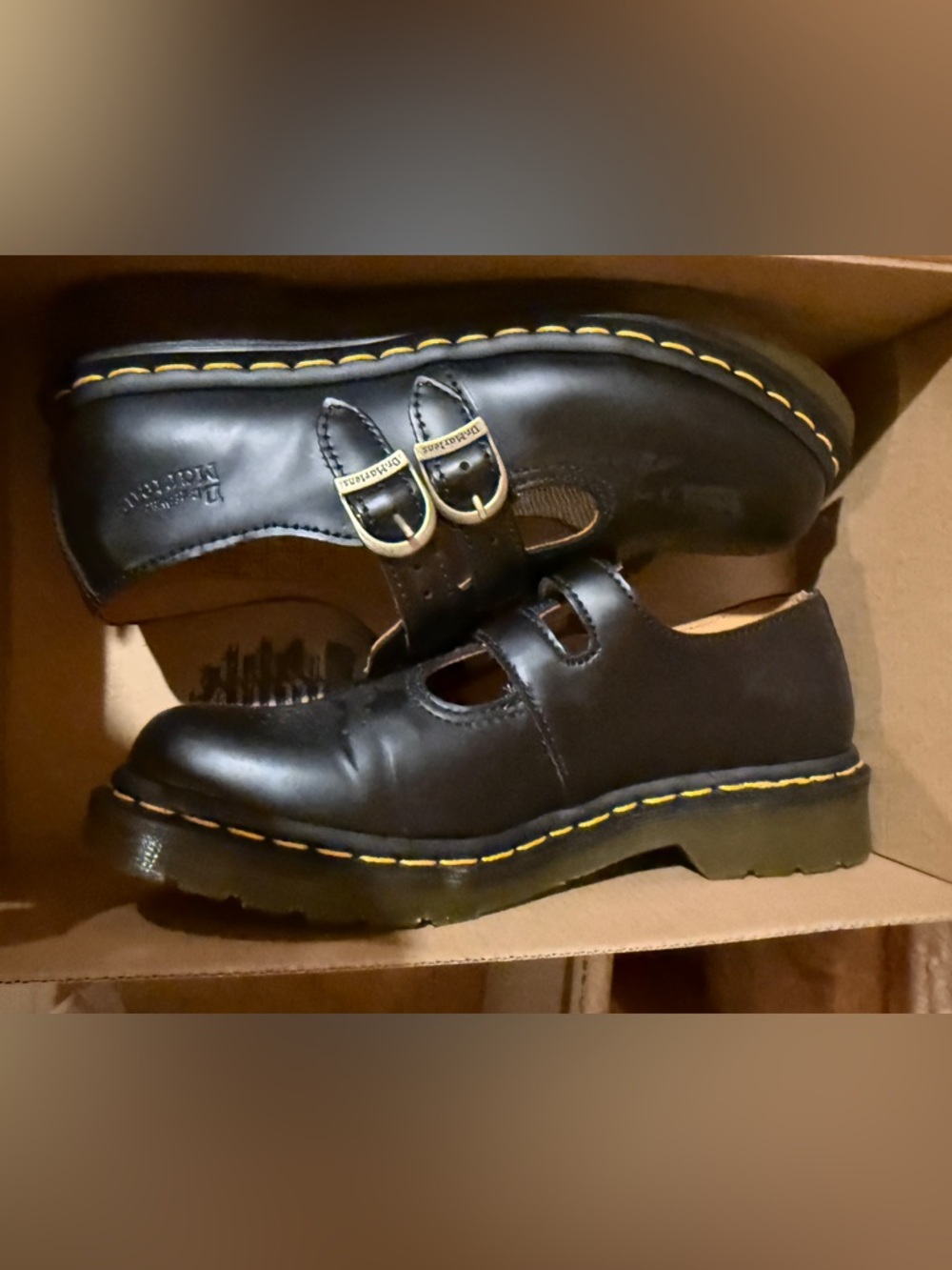 Dr. Martens Black Mary Jane Shoes with Yellow Stitching